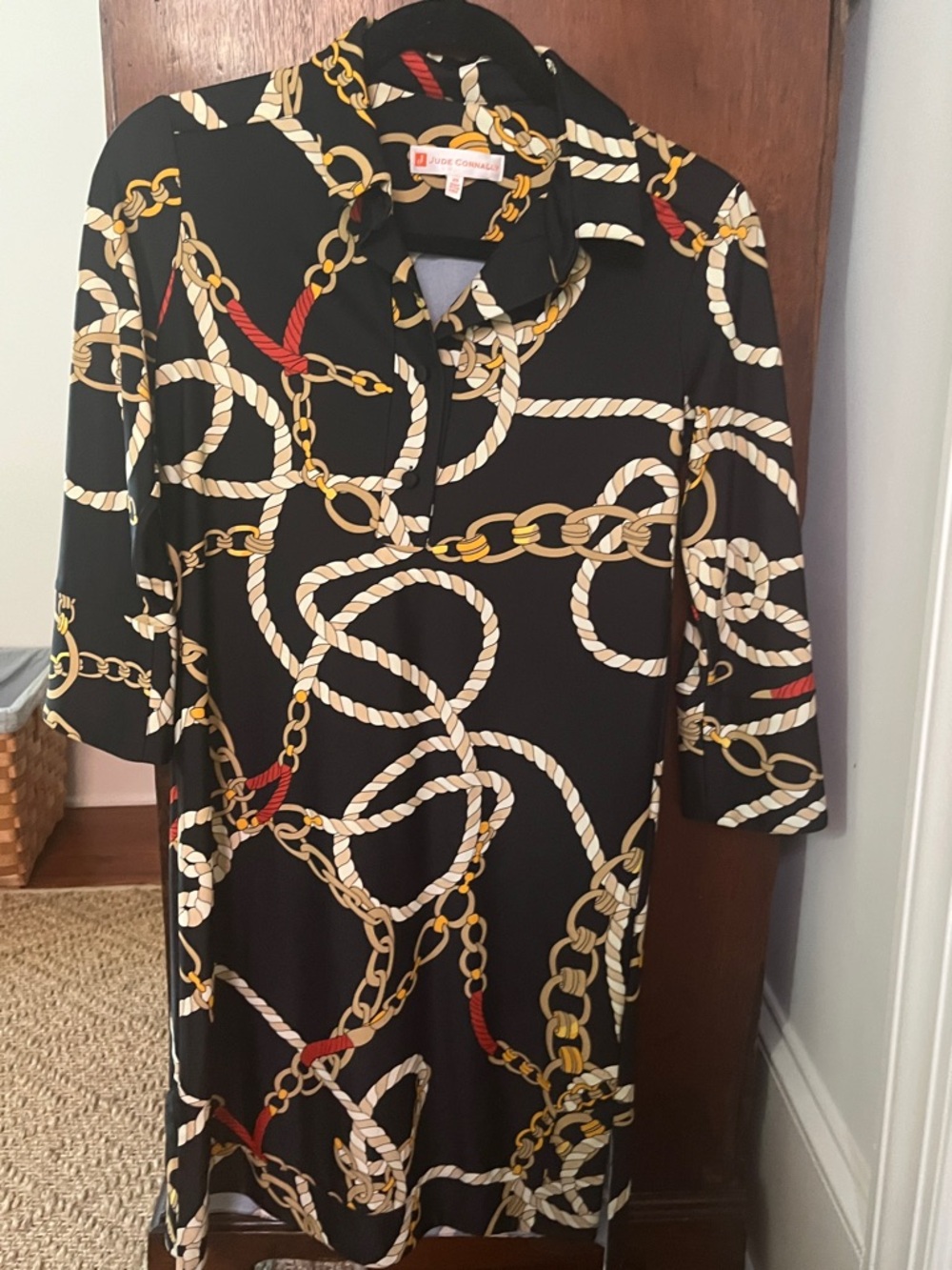 Jude Connally Black Chain & Rope Print Dress with Gold and Red Accents